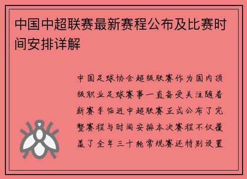 中国中超联赛最新赛程公布及比赛时间安排详解